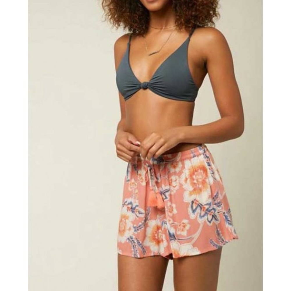 NWT O’Neill peach tropical floral print fabric drawstring tassel shorts size S